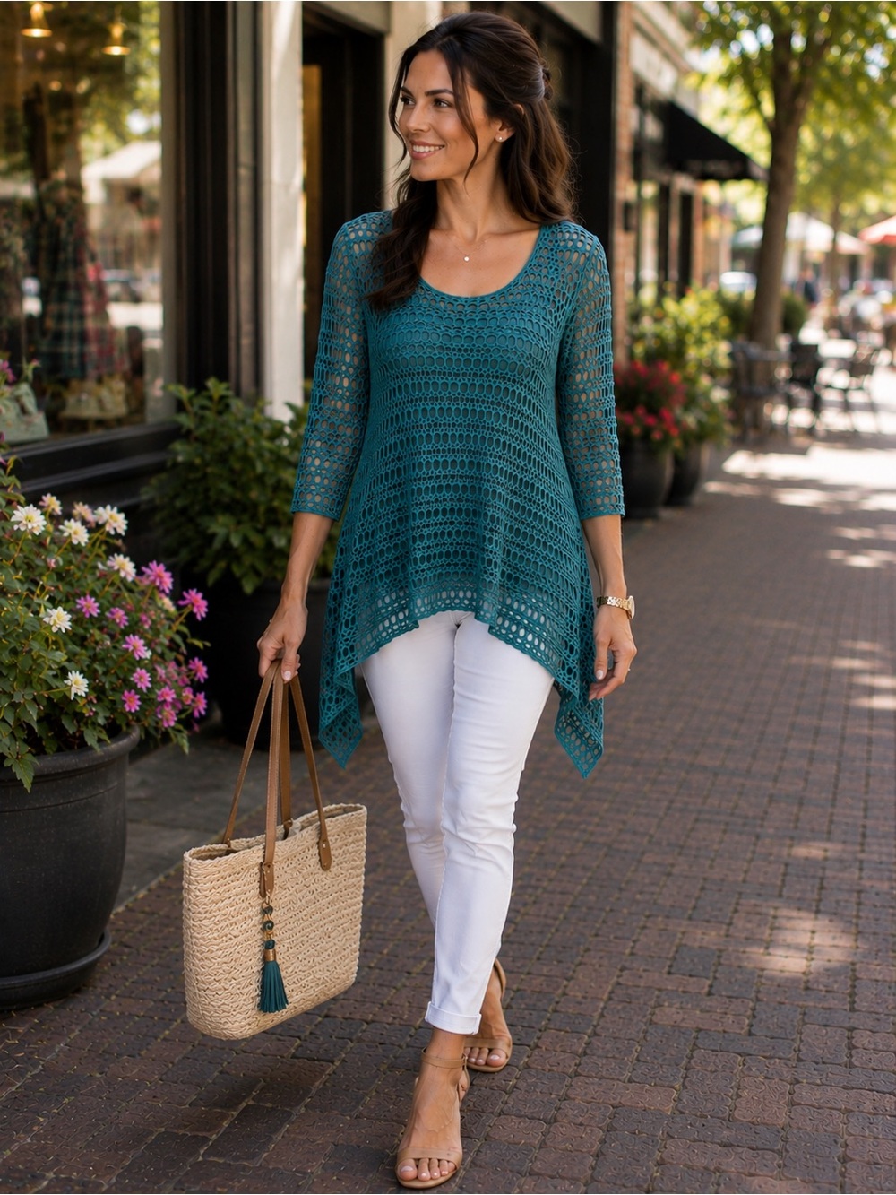 Linea Domani Laser Cut Tunic Top 2 Piece Teal Hi Low Layered Large